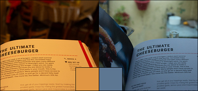Duas imagens de uma página de um livro mostrando a diferença em uma visualização do balanço de branco.
