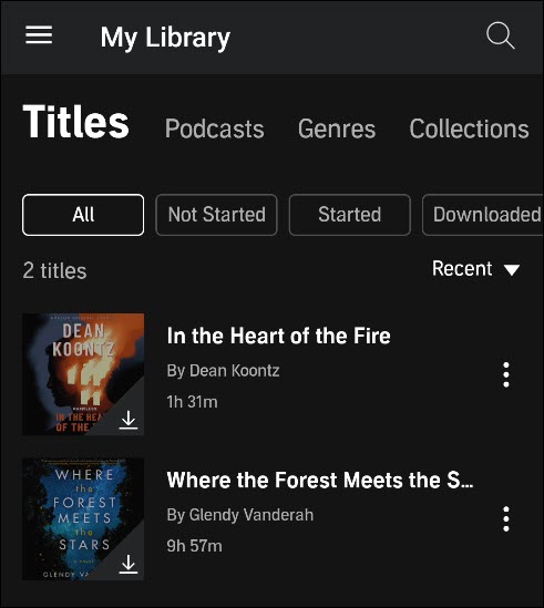 A seção "Minha biblioteca" no Audible.