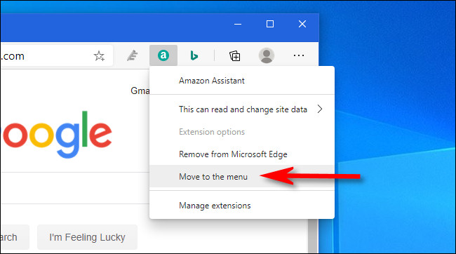 No Edge, clique com o botão direito no ícone da extensão e selecione "Mover para o menu".