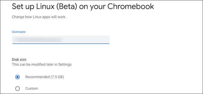 Configure o tamanho do disco e nome de usuário do Linux no Chromebook