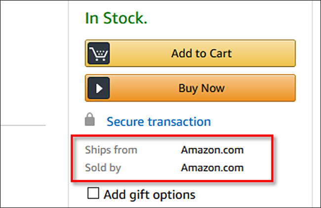 Uma lista de um produto que é "Enviado da Amazon.com" e "Vendido pela Amazon.com".