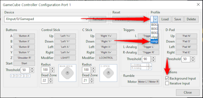 Selecione "Xinput Gamecube", clique em "Carregar" e selecione "Background Input".