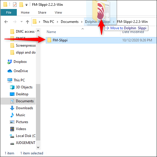 Arraste e solte a pasta "FM-Slippi" na pasta "Dolphin and Slippi".