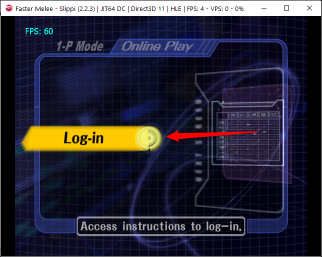 Pressione A no controlador do GameCube ou equivalente emulado para fazer login no Slippi.