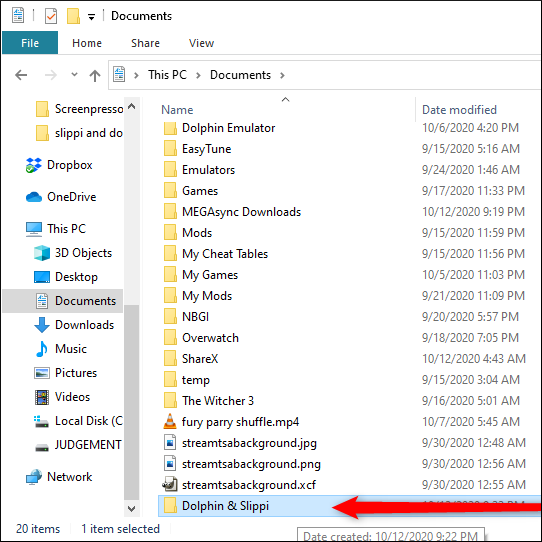 Uma pasta "Dolphin and Slippi" na pasta "Documentos" de um PC.