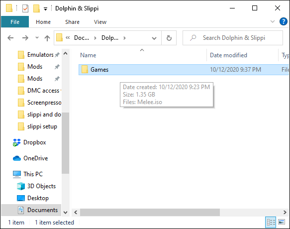 Uma pasta "Games" em uma pasta "Dolphin and Slippi".