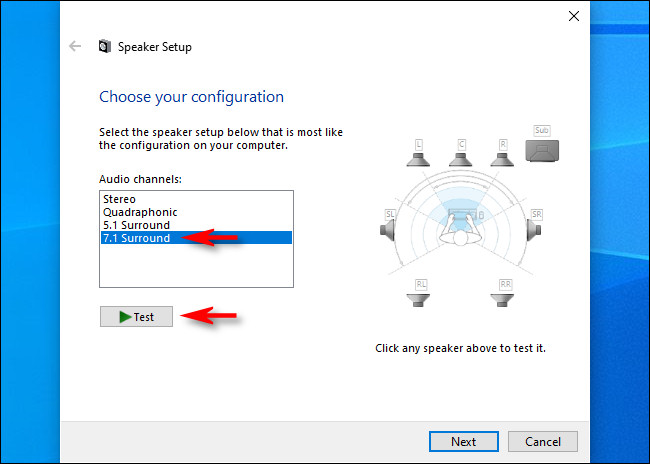 Em Configuração de alto-falante para Windows 10, selecione os canais de áudio e clique em “Testar”.