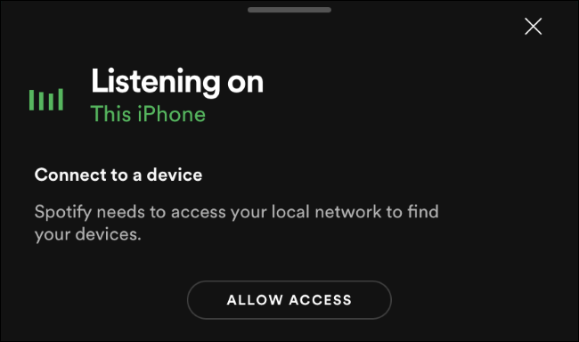 Spotify pedindo para verificar a rede local em um iPhone
