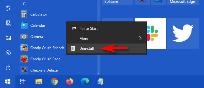 No menu Iniciar do Windows 10, clique com o botão direito do mouse no aplicativo e selecione “Desinstalar”.
