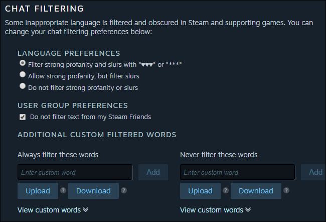 Opções de filtragem de bate-papo do Steam