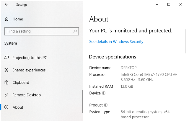 A página Configurações> Sistema> Sobre mostrando as especificações de hardware do dispositivo