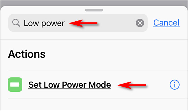 Nos atalhos da Apple no iPhone, pesquise "baixo consumo de energia" e toque em "Definir modo de baixo consumo".