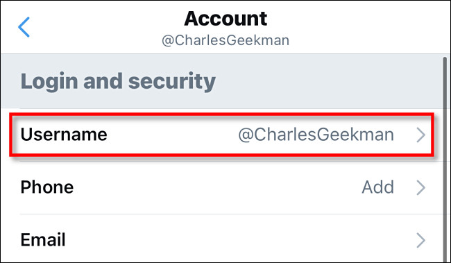 Nas configurações do Twitter, toque em "Nome de usuário".