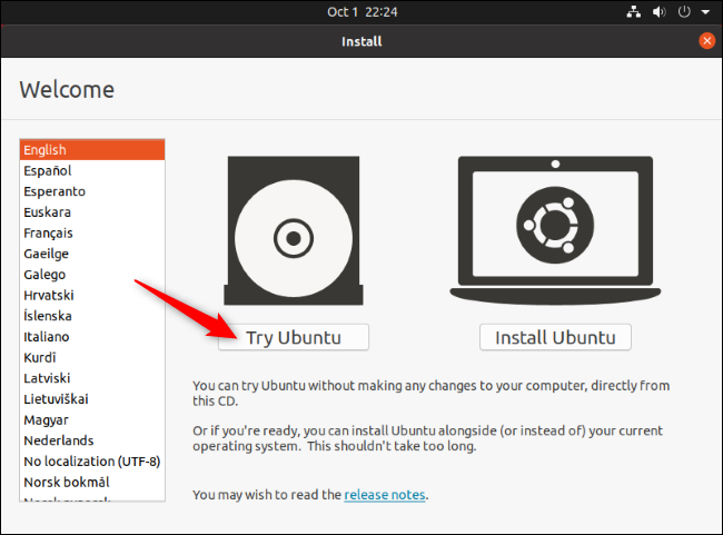 Clique em "Try Ubuntu" na tela de instalação