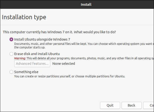 Escolher um tipo de instalação ao instalar o Ubuntu