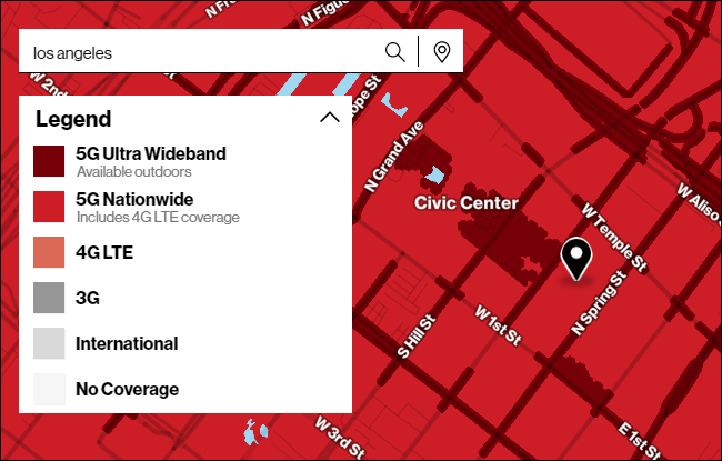 Mapa da Verizon de cobertura 5G em Los Angeles