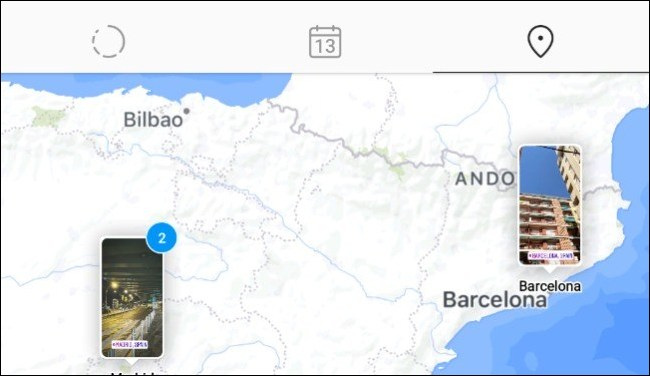Duas histórias do Instagram em diferentes locais da Espanha na visualização do mapa.