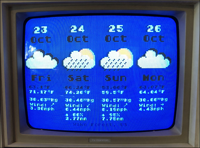 Uma previsão do tempo de quatro dias em um Atari 800.