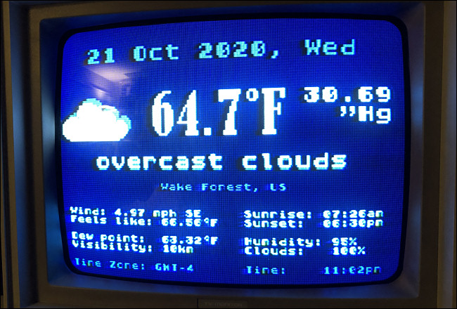A tela de status Weather.xex em um Atari 800XL.