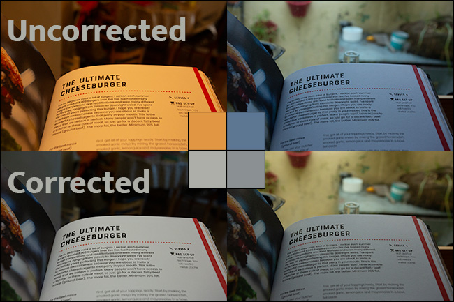 Quatro fotos da mesma página em um livro mostrando diferentes níveis de equilíbrio de branco.