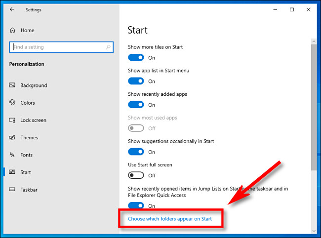 Em Configurações do Windows, clique em "Escolha quais pastas aparecem em Iniciar."