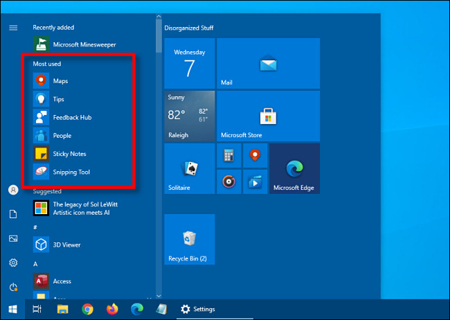 A lista de aplicativos "Mais usados" no menu Iniciar do Windows 10