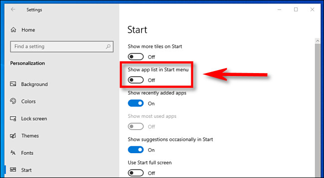 Nas configurações do Windows 10, clique no botão "Mostrar lista de aplicativos no menu Iniciar" para desligá-lo.