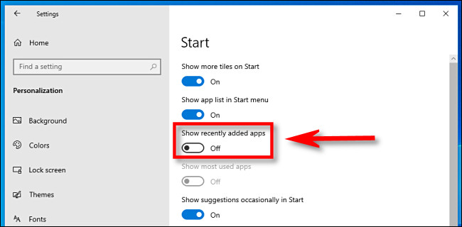 Nas configurações do Windows 10, clique no botão "Mostrar aplicativos adicionados recentemente" para desligá-lo.