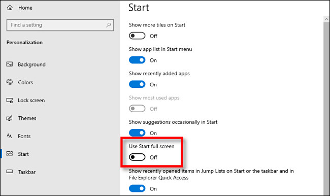 Nas configurações do Windows 10, clique no botão "Usar tela inteira inicial".
