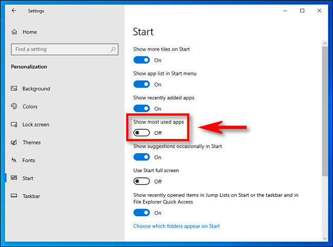 Nas configurações do Windows 10, clique no botão "Mostrar os aplicativos mais usados" para desligá-lo