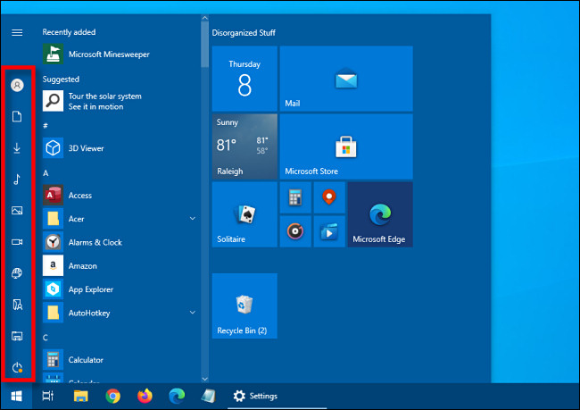 A barra lateral de atalho recolhida no menu Iniciar do Windows 10