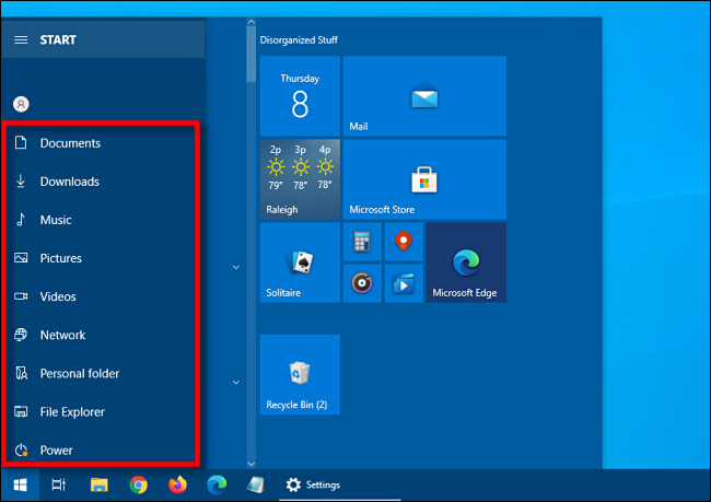 A barra lateral de atalhos expandida no menu Iniciar do Windows 10