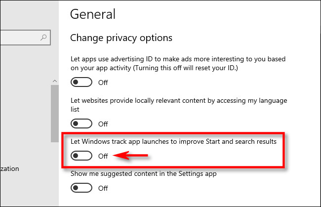 Em Configurações do Windows, clique no botão ao lado de "Permitir que o Windows rastreie inicializações de aplicativos para melhorar o início e os resultados de pesquisa" para "Desligá-lo".
