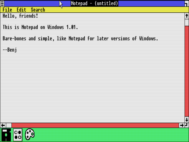 Uma mensagem digitada em "Notepad" no Windows 1.0.