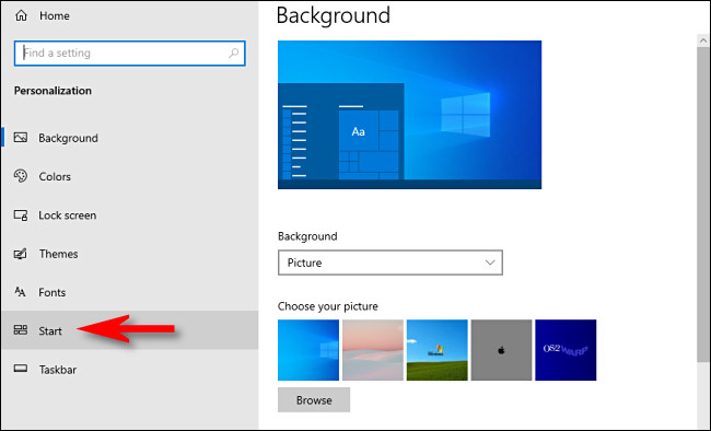 Nas configurações do Windows 10, clique em “Iniciar” na barra lateral.