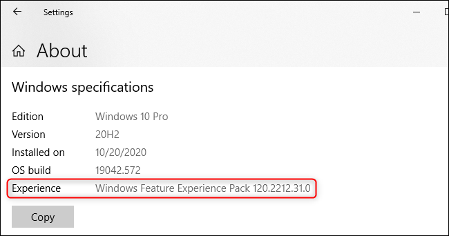 O "Windows Feature Experience Pack" exibido na tela Sobre do Windows 10