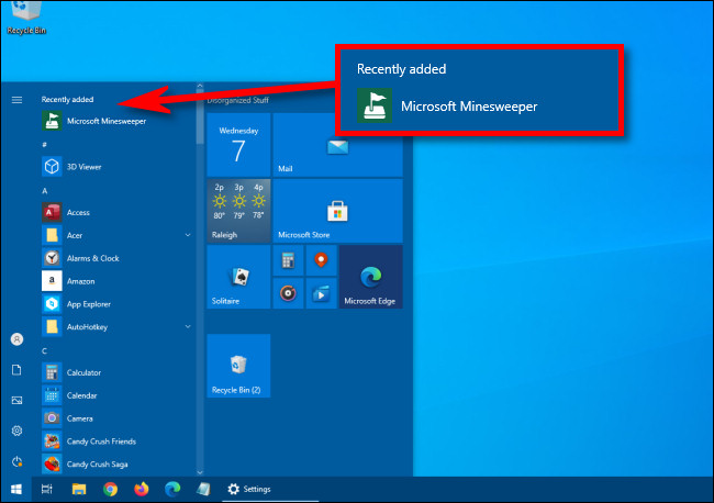 Um exemplo da seção de aplicativos "Adicionados recentemente" no topo da lista de aplicativos do menu Iniciar.