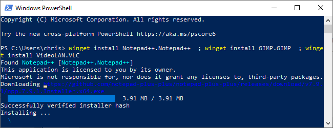 Instalando software com winget em uma janela do PowerShell.