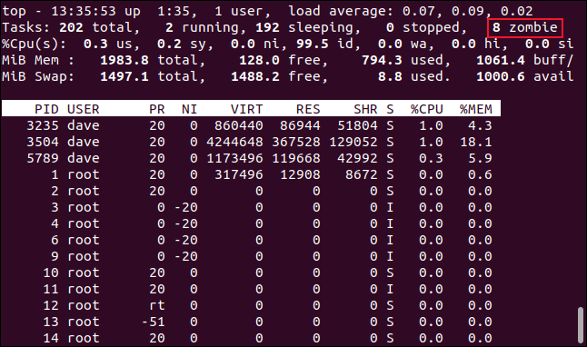 topo em uma janela de terminal