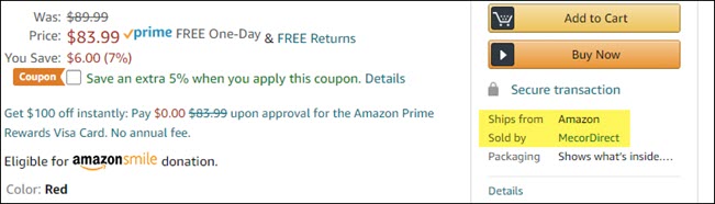 Um item na Amazon listado como "Navios da Amazon" e "Vendido por MecorDirect."