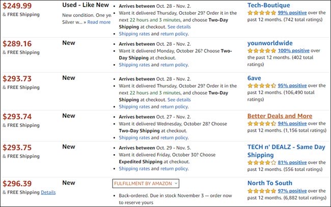 Listagens da Amazon para um produto usado.