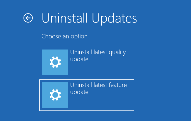 Selecionando "Desinstalar atualização de recurso mais recente" na tela Desinstalar atualizações
