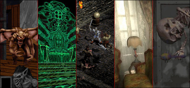 Cinco screenshots de "Zork Nemesis", "Diablo", "Blood: Fresh Supply", "Scratches" e "Realms of The Haunting".