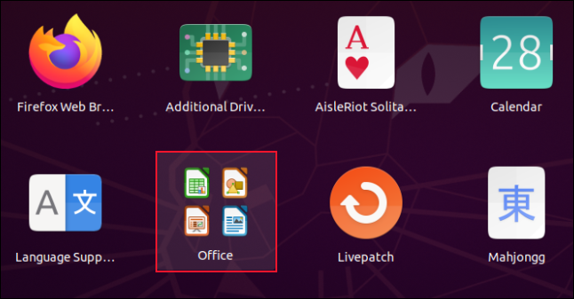 Uma grade de aplicativos com quatro ícones do Libre Office em um grupo.