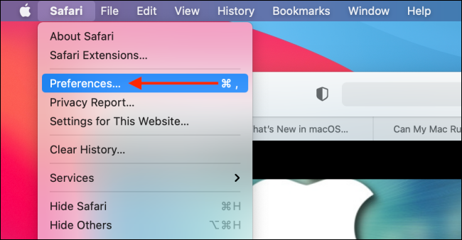 Escolha Preferências no menu Safari