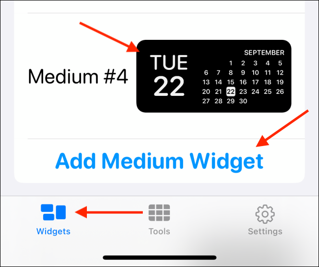 Toque em "Widgets", toque no tamanho que deseja adicionar e selecione uma imagem.