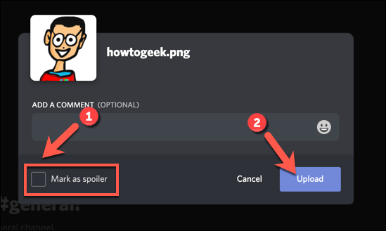 Selecione a caixa de seleção "Marcar como spoiler" e clique em "Fazer upload".