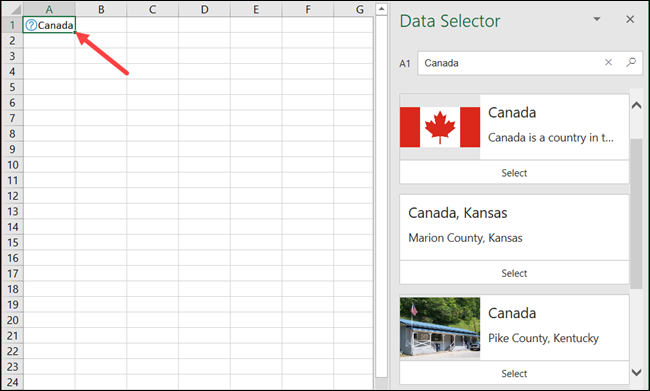 Canadá na geografia "Seletor de dados" do Excel.