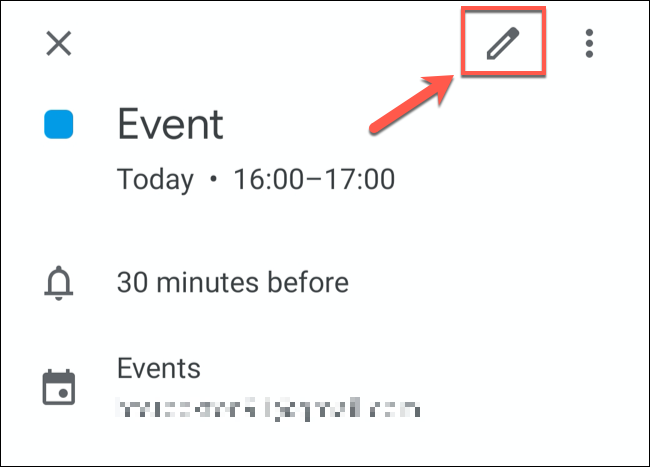 Toque no botão "Editar evento" para editar um evento do Google Agenda em dispositivos móveis