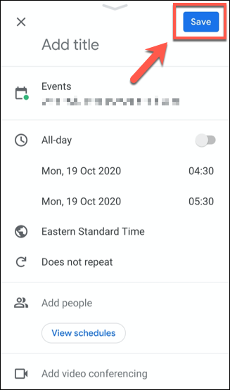Salve um evento do Google Agenda tocando no botão "Salvar".